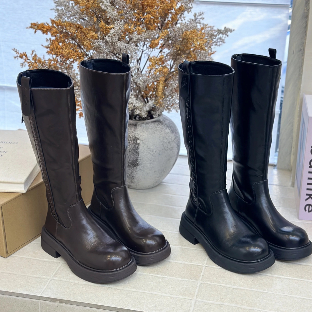 【SiSi】新疆包邮欧洲站2025秋冬新款真皮骑士靴女英伦风编织长靴