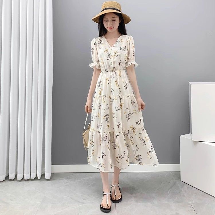 法式夏季水墨印花荷叶袖连衣裙宽松碎花裙子韩版气质完美世界联名