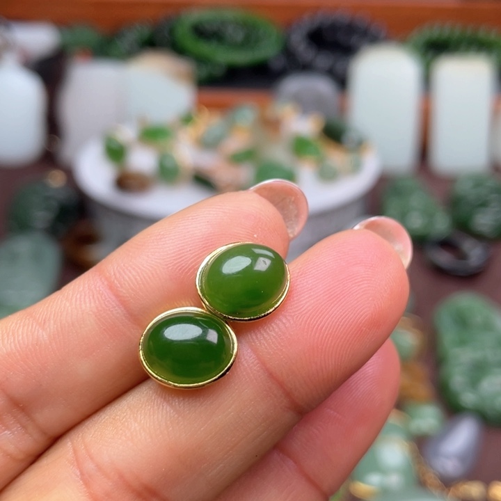 和田玉（碧玉）耳饰银S925镶嵌