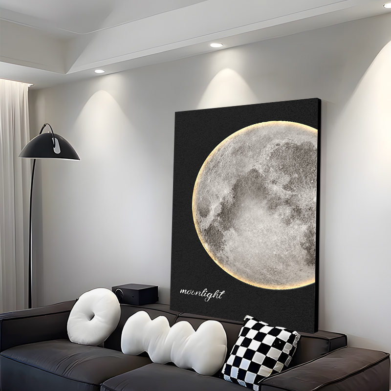 黑白简约客厅装饰画2025新款月球发光落地画肌理感沙发背景墙挂画
