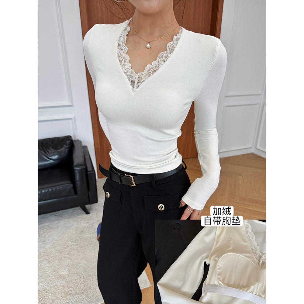 张阿星【心动打底】纯欲温柔自带胸垫柔软百搭蕾丝拼接修身打底T 