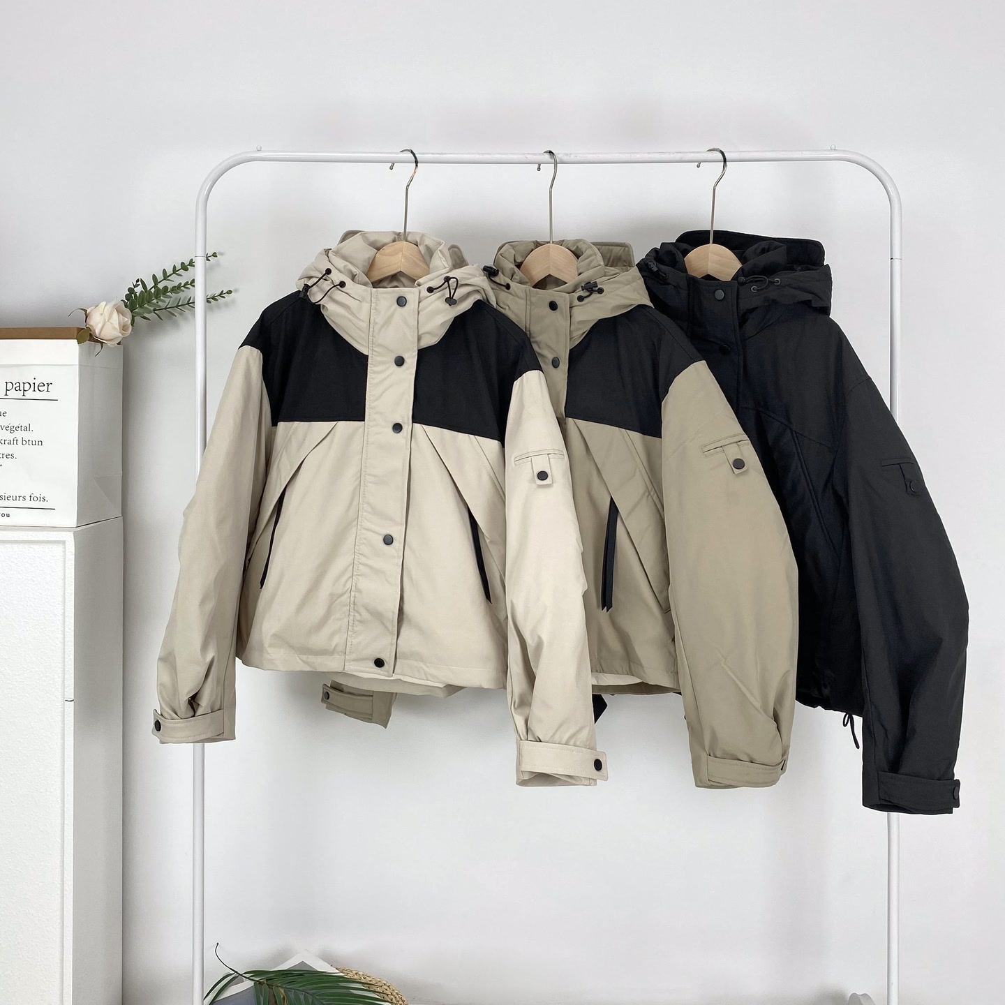 韩版撞色连帽棉服女2025冬季新款简约百搭加厚保暖外套K32