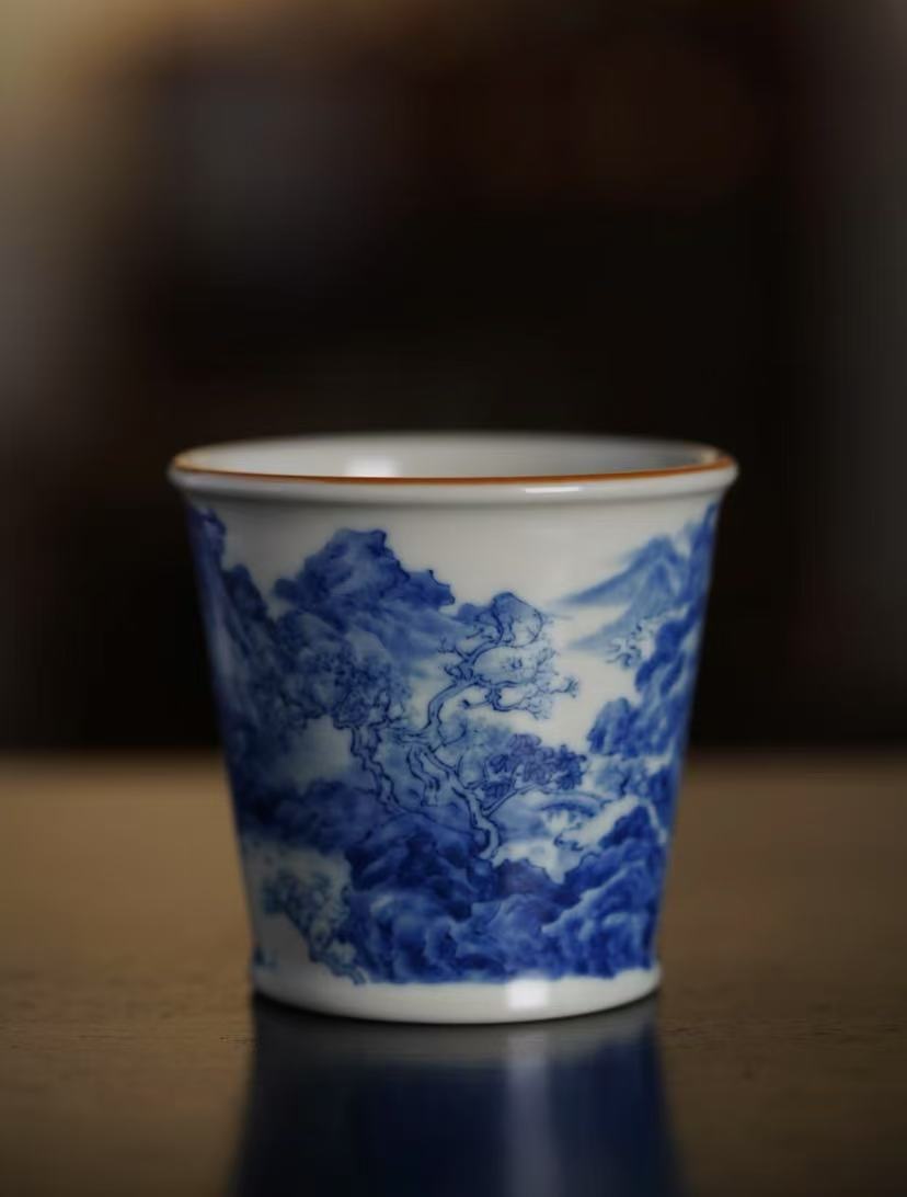 汝月白青花可乐杯远岫逸云