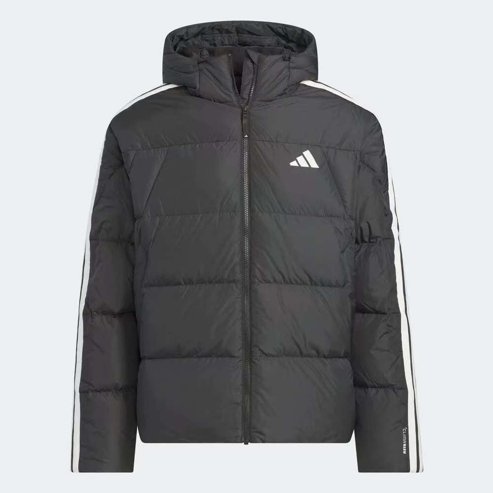 阿迪达斯男子户外保暖连帽条纹短款鸭绒羽绒服KC2493