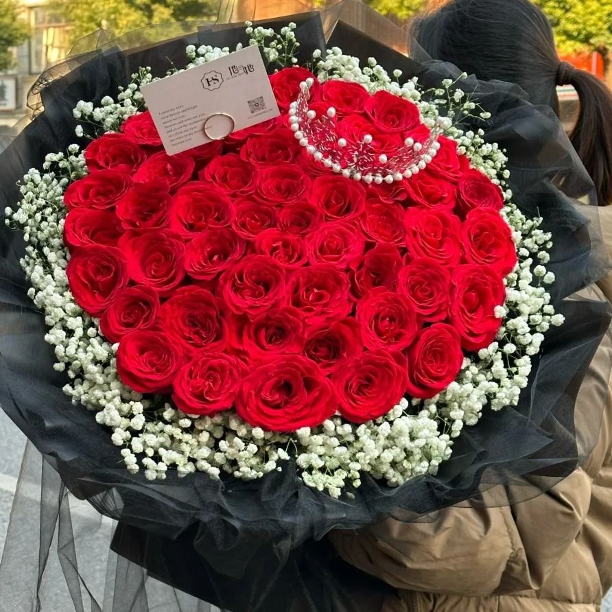 【情深似海共婵娟】52枝红玫瑰满天星花束生日礼物鲜花表白鲜花送女友送爱人附近花店送花上门