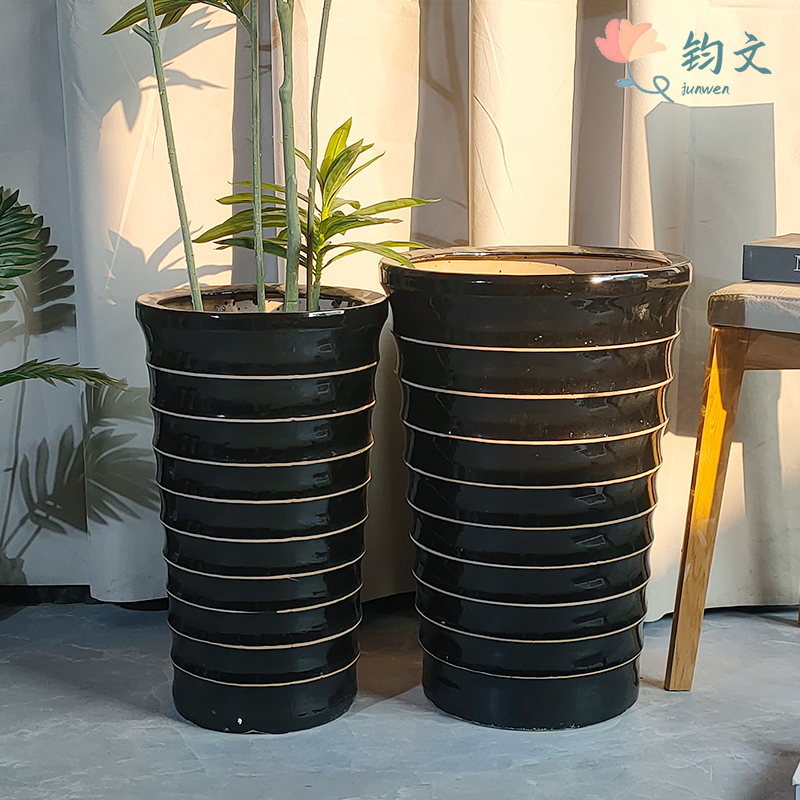黑色陶瓷花盆特大号简约花盆室内庭院通用适合发财树大型植物