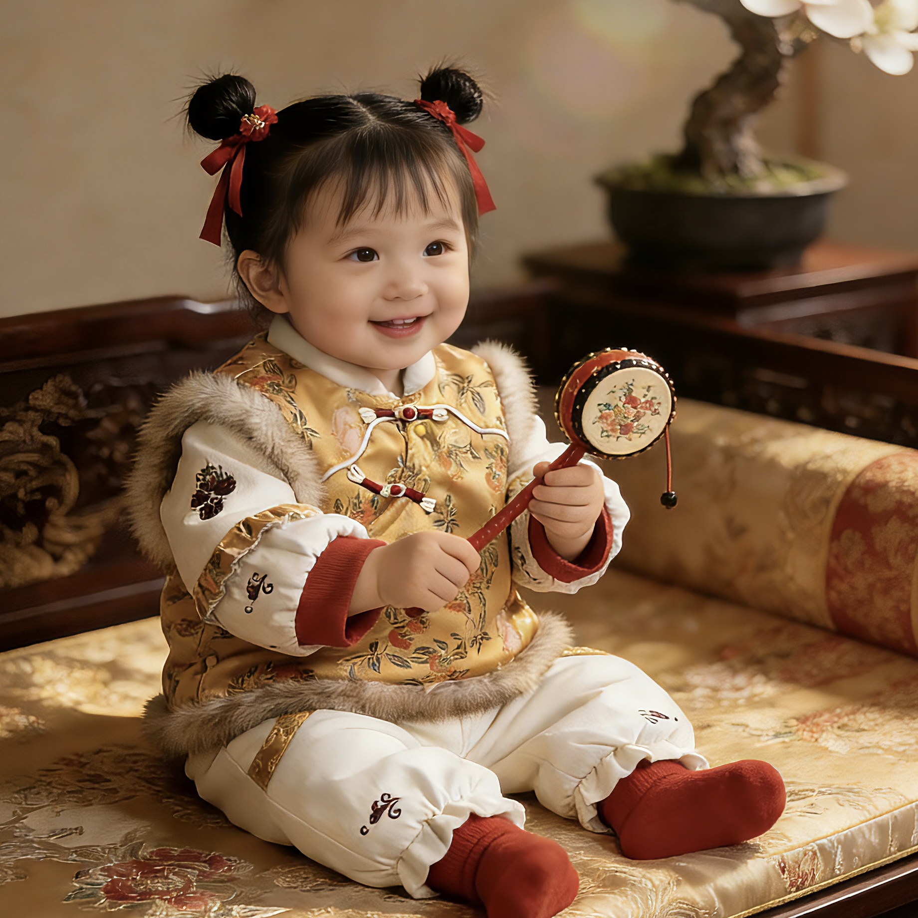 女童新中式国风夹棉套装冬季喜庆拜年服新款洋气复古马甲抓周套装