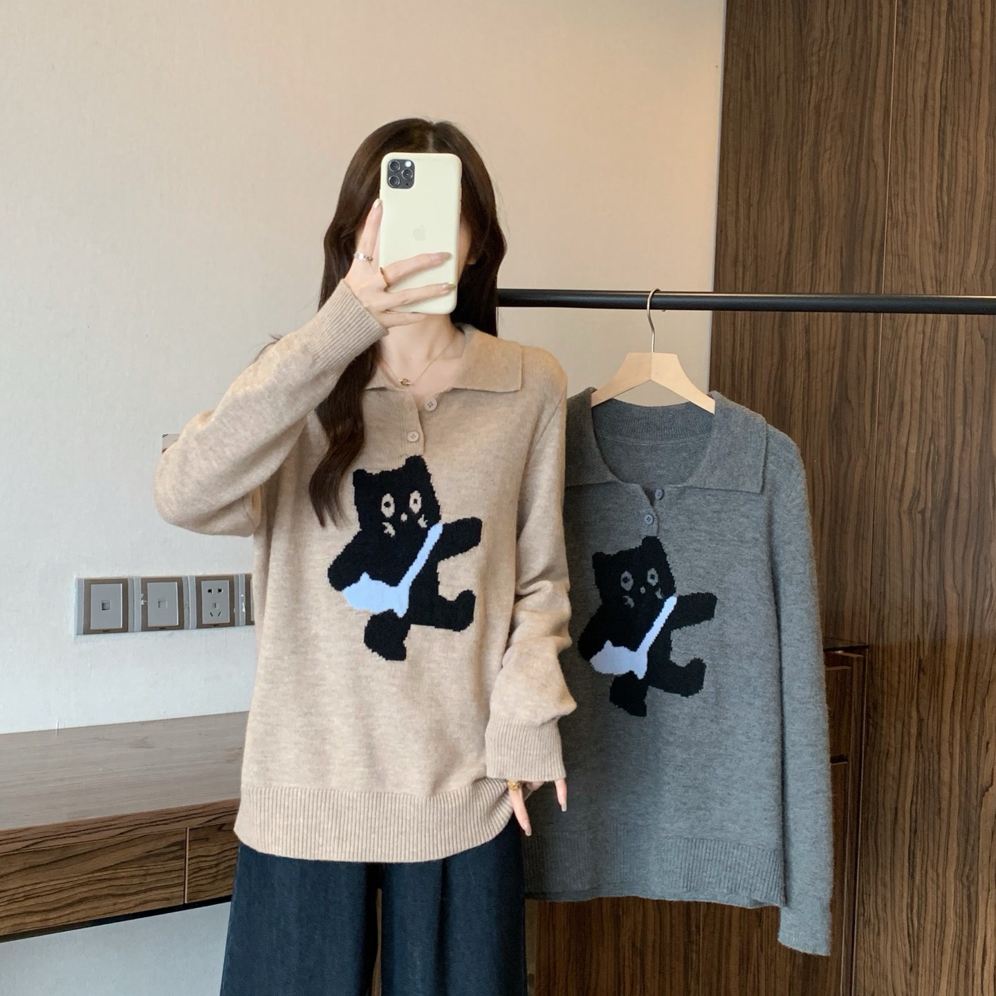 大码胖mm减龄可爱猫咪翻领针织衫女冬季宽松慵懒风时尚显瘦毛衣