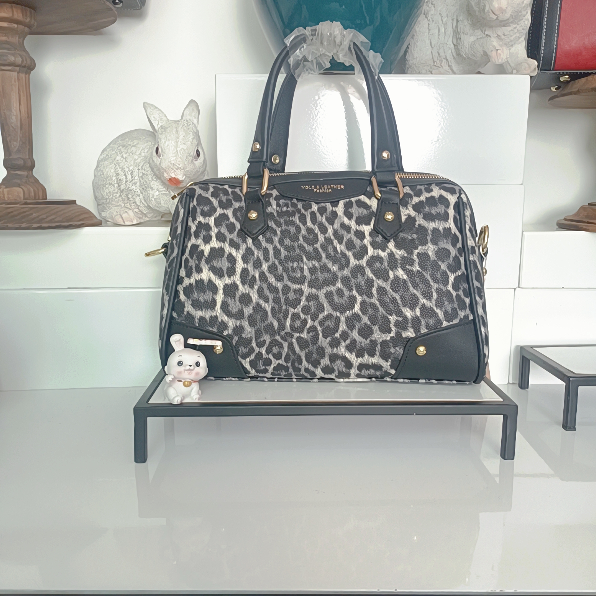 女包时尚黑色迷彩花纹豹纹单肩印花肩包手绘水墨压花奢侈波士顿包