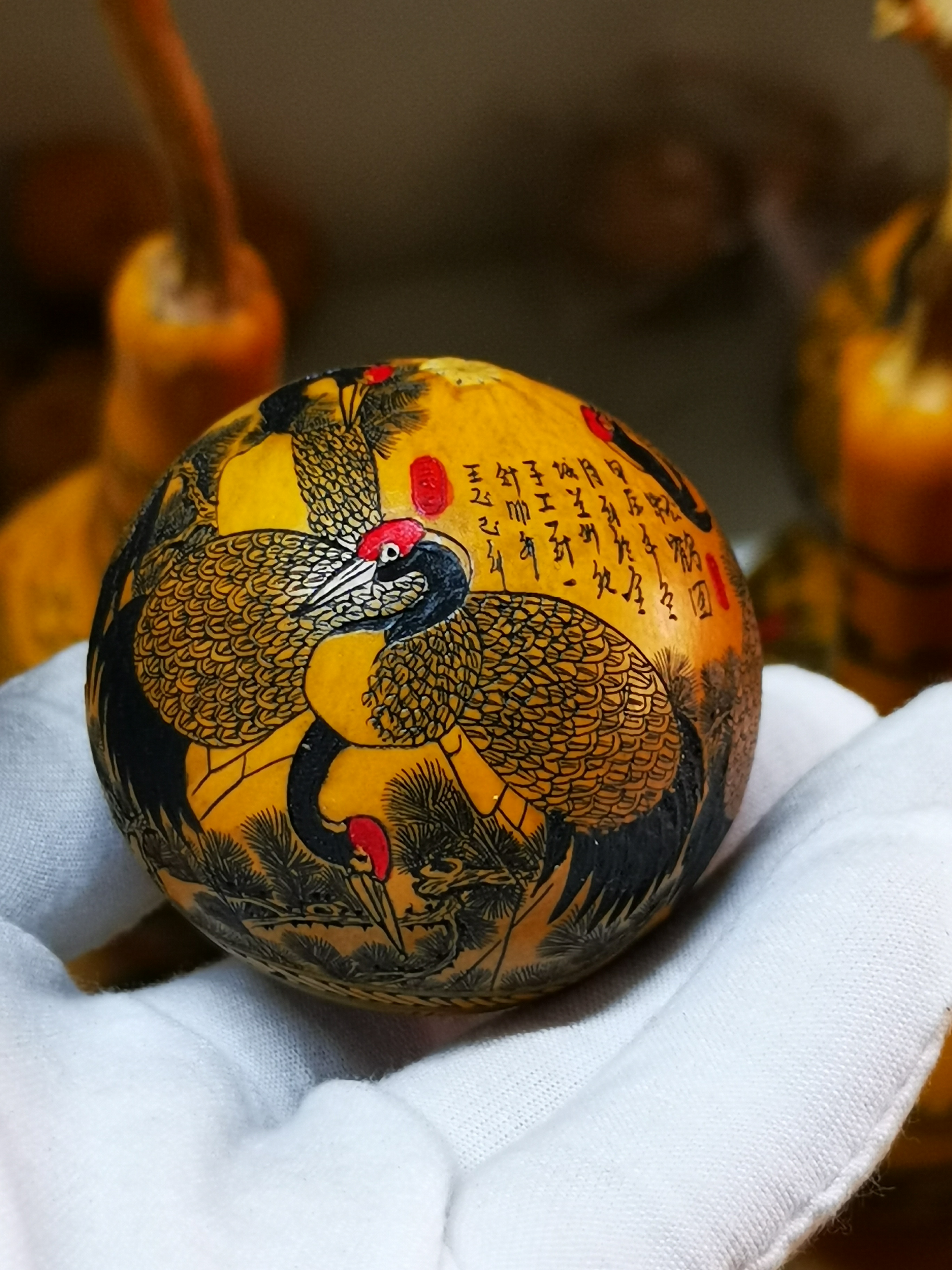 雅青阁葫芦手工针刺微雕墨刻鸡蛋葫芦松鹤图8只鹤文玩把玩小手把