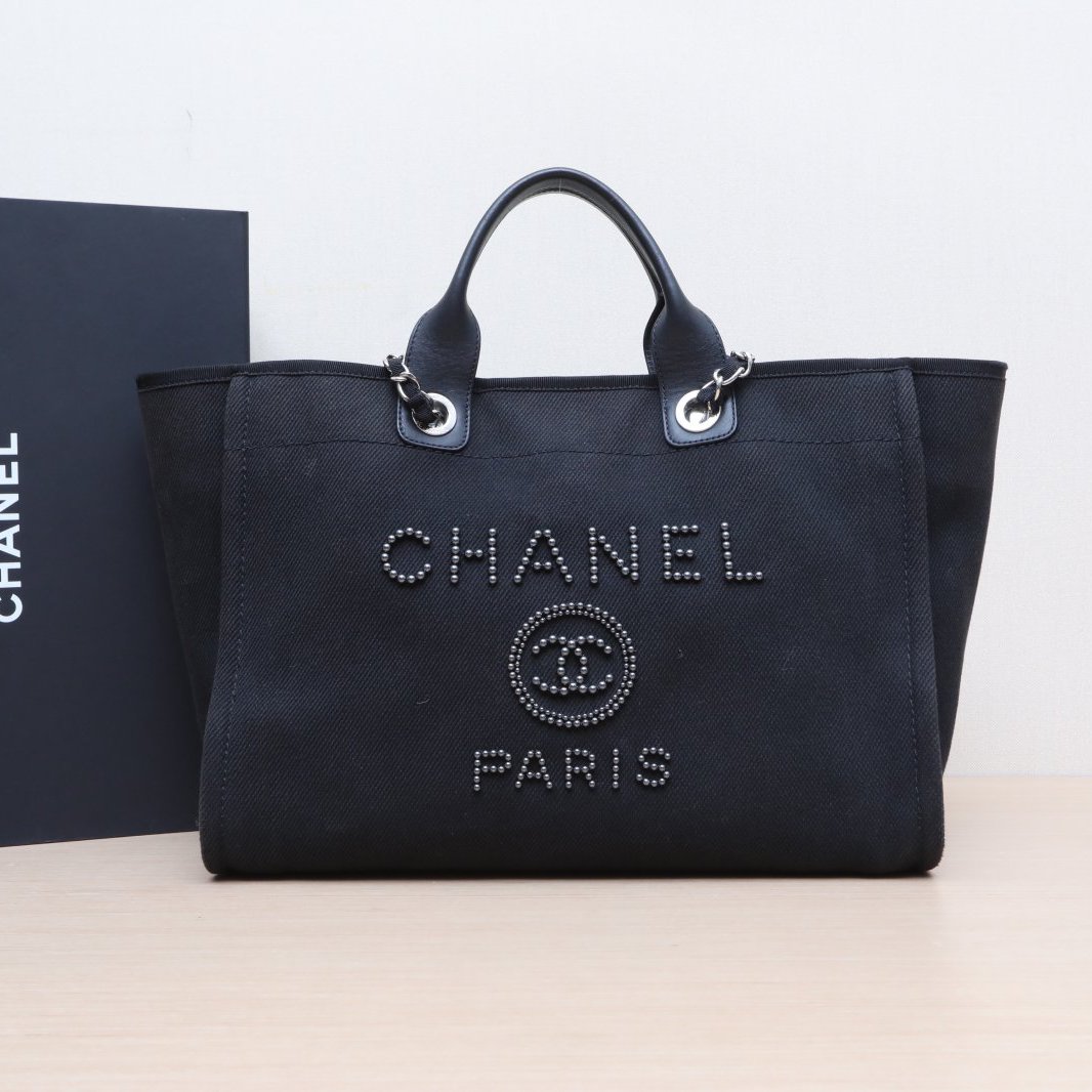 95新 Chanel/香奈儿 小花双双 沙滩包 大号 黑色 帆布 29开