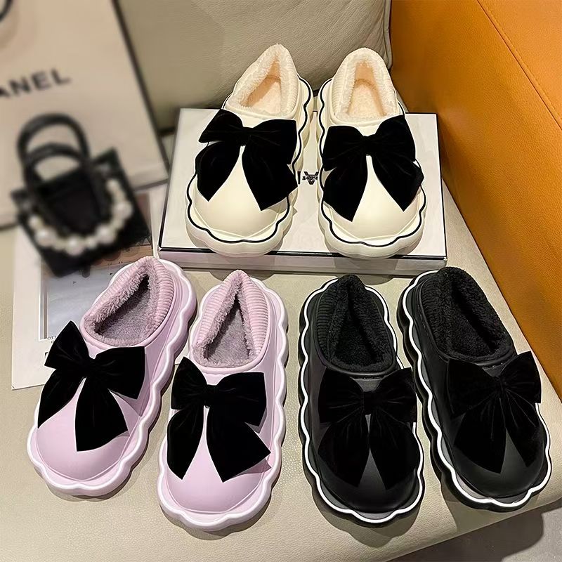 2025新款踩屎感棉拖鞋女冬天居家用蝴蝶结保暖可爱厚底防滑可外穿
