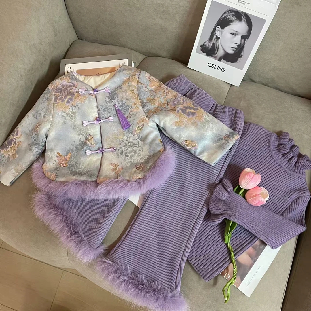 女童套装2025秋冬季新款儿童新加绒百搭洋气加厚阔腿裤三件套潮流
