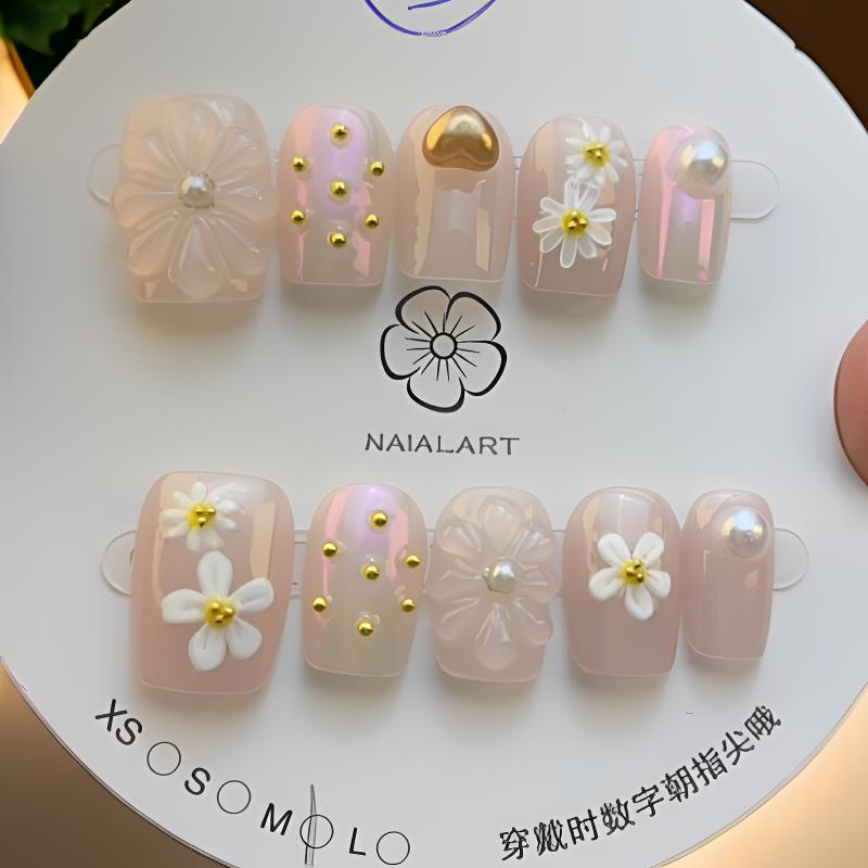 小短甲纯手工lns水滴花小雏菊高级感穿戴甲