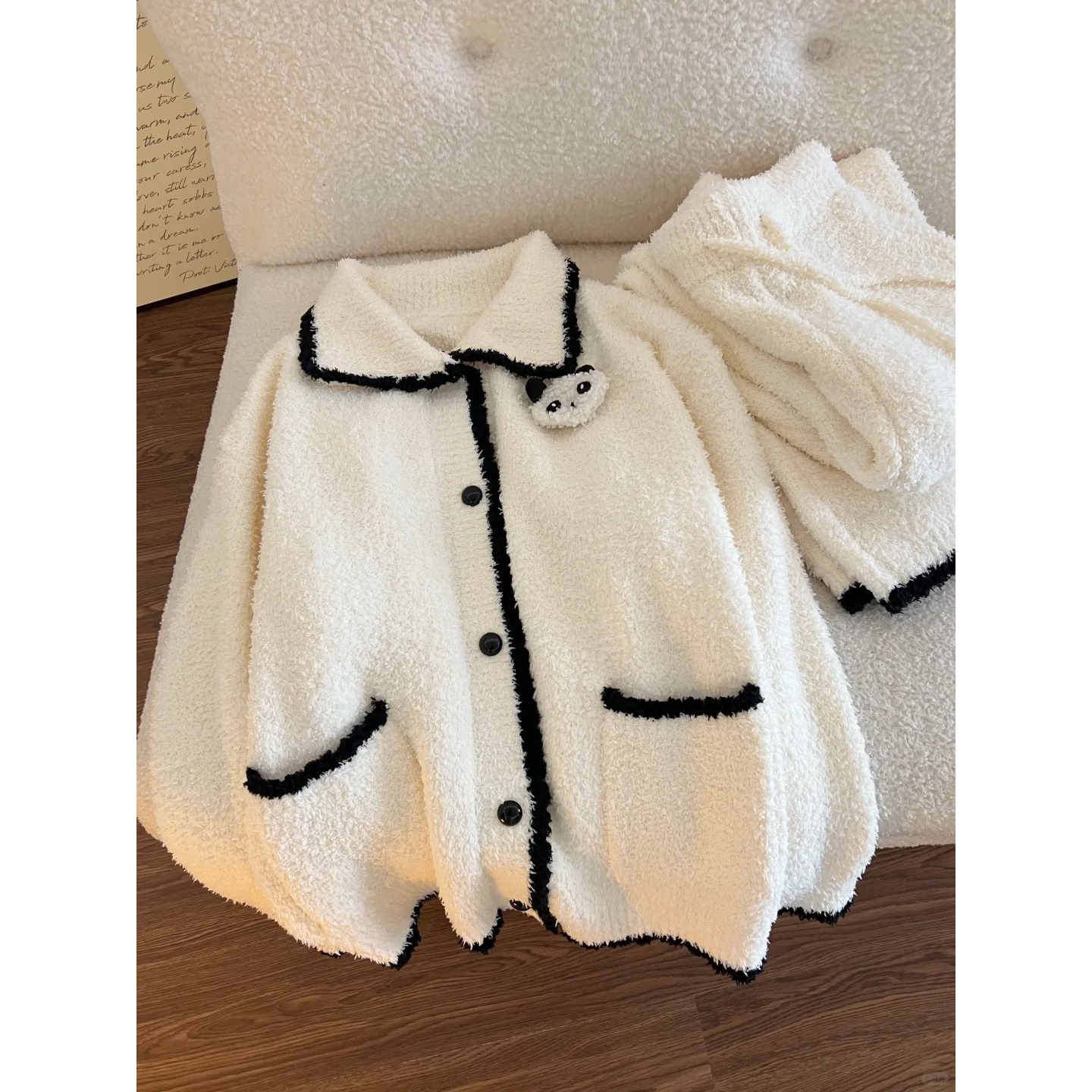 可爱风熊猫针织半边绒睡衣女冬季2025新款长袖加厚加绒家居服套装