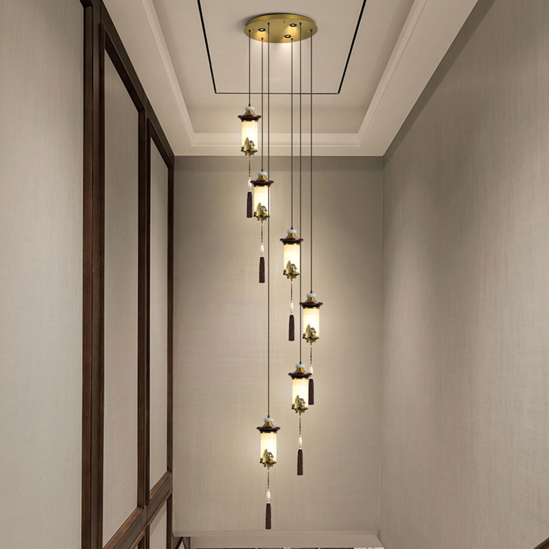 新中式复式楼楼梯间全铜玉石吊灯灯饰餐厅吧台装饰禅意灯具
