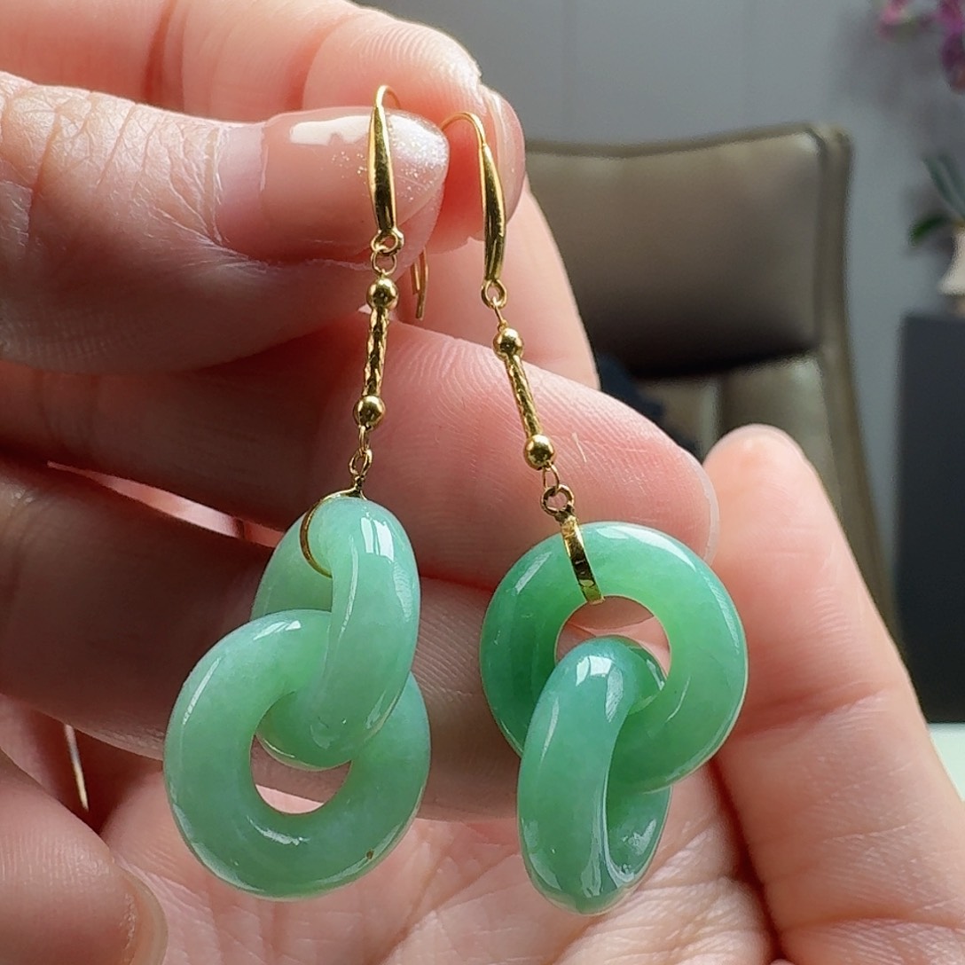 翡翠耳饰18K金镶嵌天然