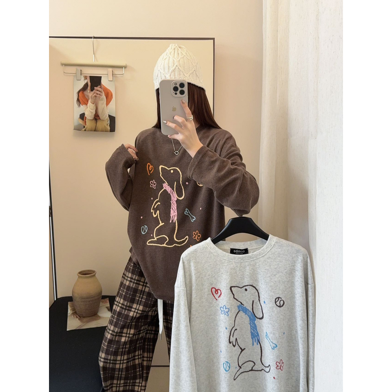 0216【冬季新款】手绘风涂鸦彩色小狗狗印话磨毛T恤（D9014）