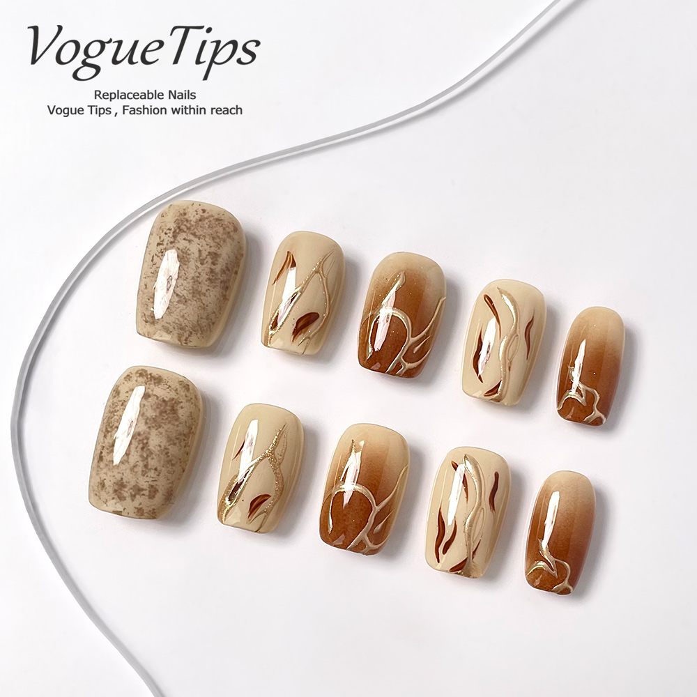 VogueTips 奶咖焦糖穿戴甲手绘国风手工显白成品甲片短芭蕾ZB693