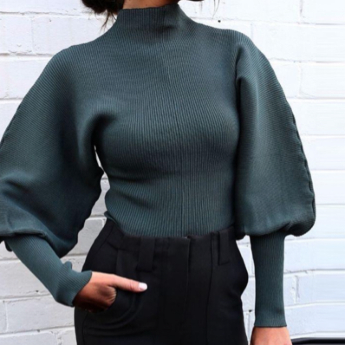 2024秋冬新款毛衣女亚马逊爆款净色针织灯笼袖长袖套头高领毛衣女