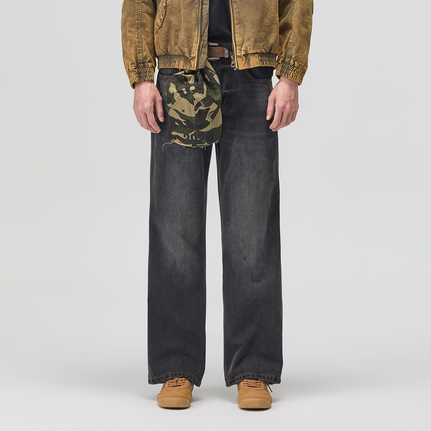 DTBD美式休闲cleanfit直筒裤潮流秋冬咖灰色百搭水洗微喇叭牛仔裤