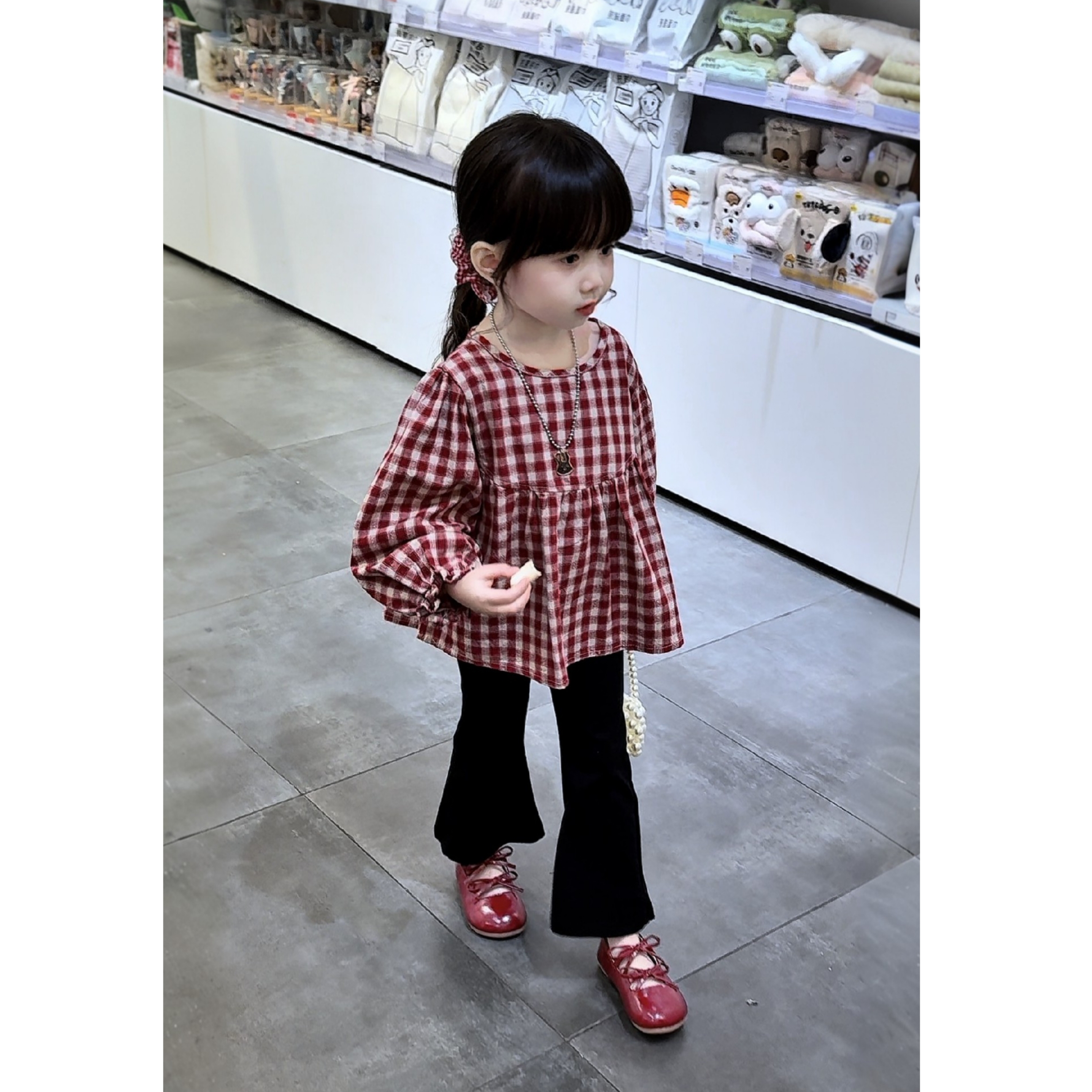 两件套女童女宝荷叶娃娃衫格子裙摆上衣微喇裤套装女童秋款套装