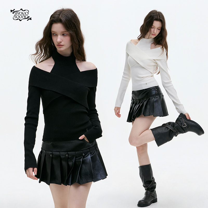 JIYOO SOONG | 小众挂脖假两件露肩秋季毛针织衫圆领毛衣秋冬上衣