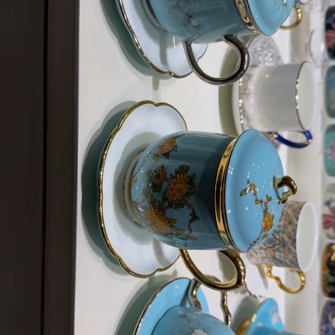 春***光玻璃福利手绘盖杯主播西湖蓝盖杯一套
