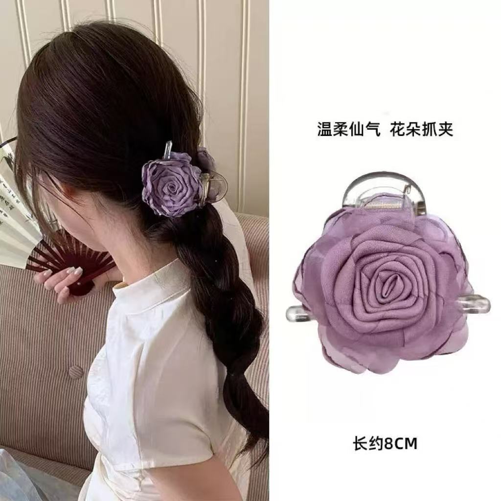 新款丁香紫玫瑰双面花朵抓夹女新中式后脑勺盘发发夹1438