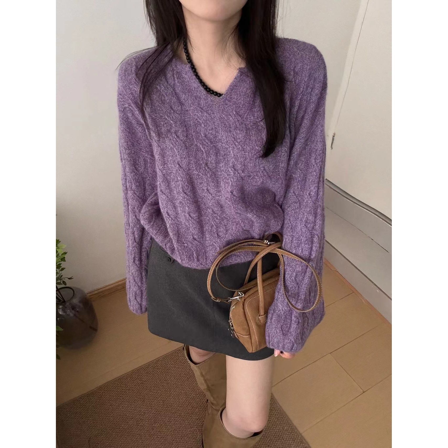 秋冬羊毛衫百搭新款V领麻花针织衫女宽松慵懒风针织外套显瘦毛衣