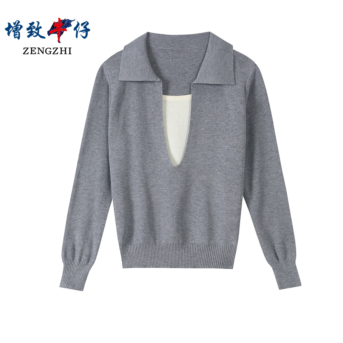ZENGZHI/增致牛仔秋季百搭显瘦V领针织拉链开衫长袖D987
