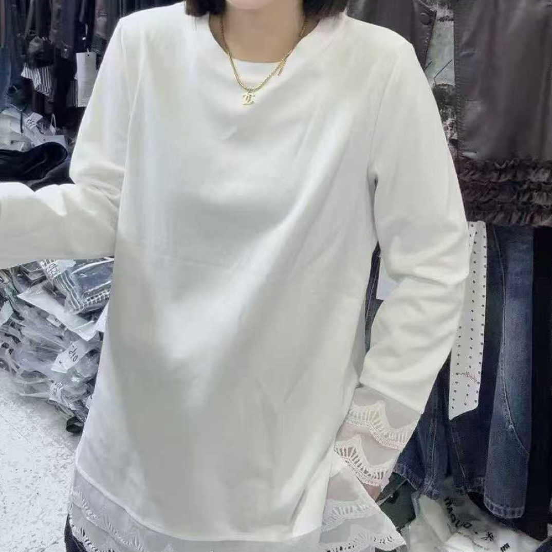 2025秋季新款下摆两侧开衩蕾丝拼接女士显瘦长袖净版潮流打底衫