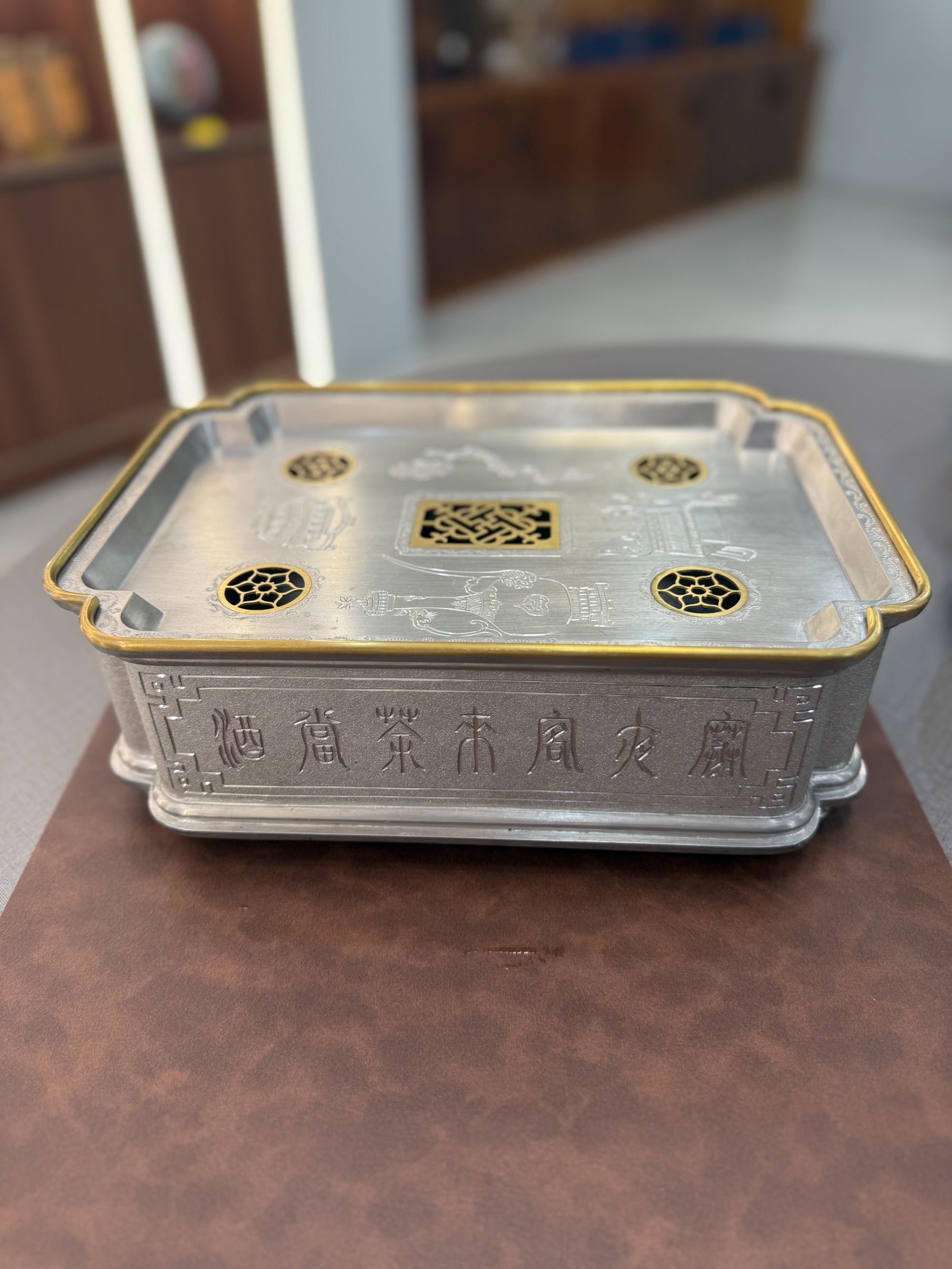 潮汕传统工艺 锡茶盘手工 锡壶承小茶船茶池潮州工夫茶锡器长方形