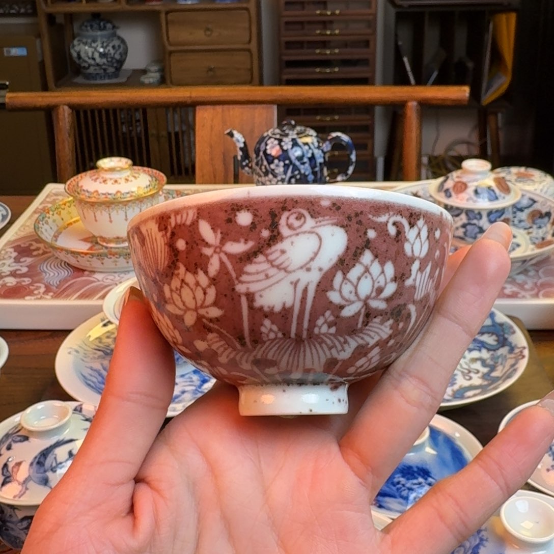 杯重工撒红釉里红一鹭连升鸡心杯