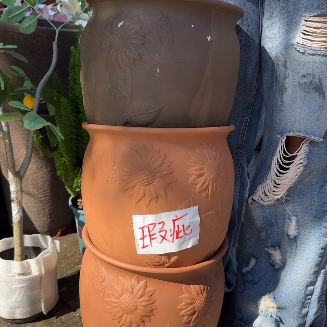 朱泥花盆口30高26宜兴紫砂瑕疵粗糙花泥