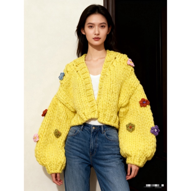 花朵女针织慵懒风落肩袖毛针织衫韩版设计师时尚短款宽松百搭