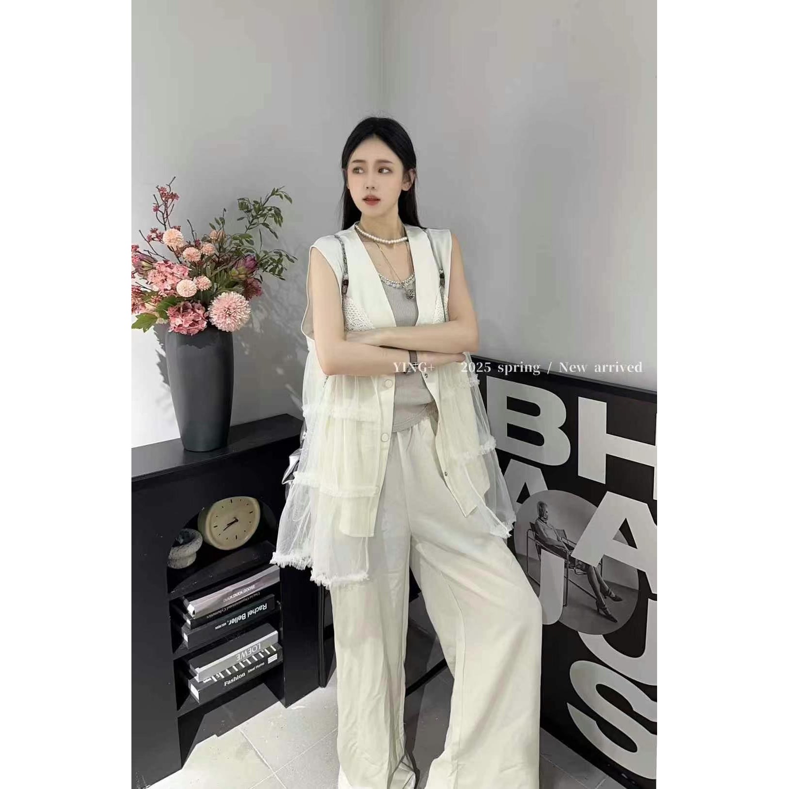 KIKI严选：3811-XXQ家欧货南油夏季轻奢拼纱马甲直筒裤两件套装