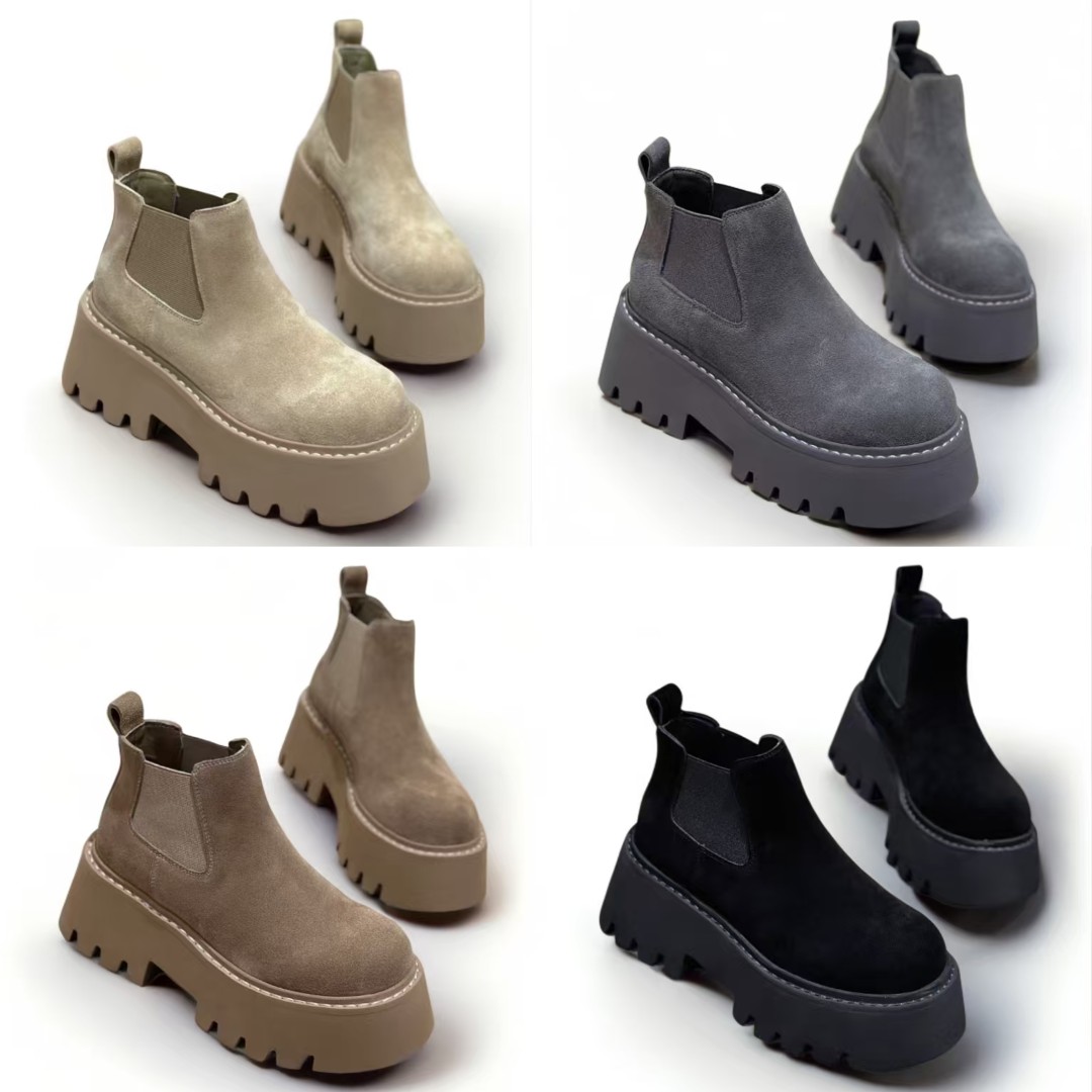 厚底切尔西靴女鞋真皮短靴一脚蹬马丁靴增高新款烟筒高颜值厚底鞋