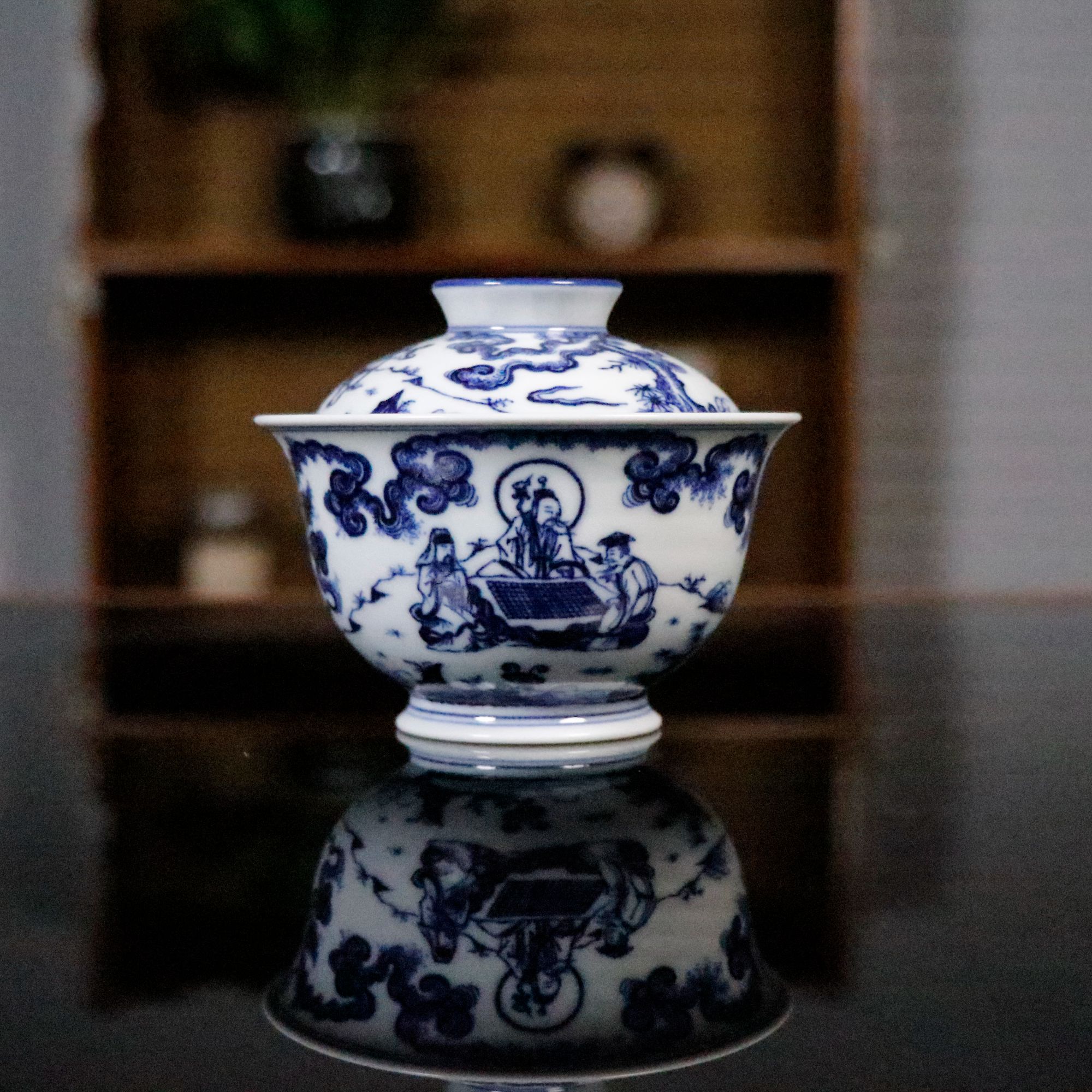 片云晚谷空白期王母贺寿盖碗青花茶杯茶具景德镇手工手绘高端陶瓷