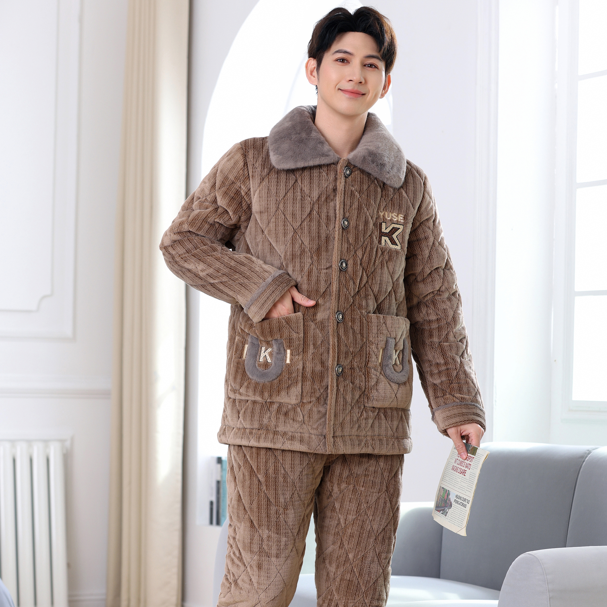 【新1392冬季加大新款特厚睡衣】男士冬季加绒加厚睡衣家居服可外穿