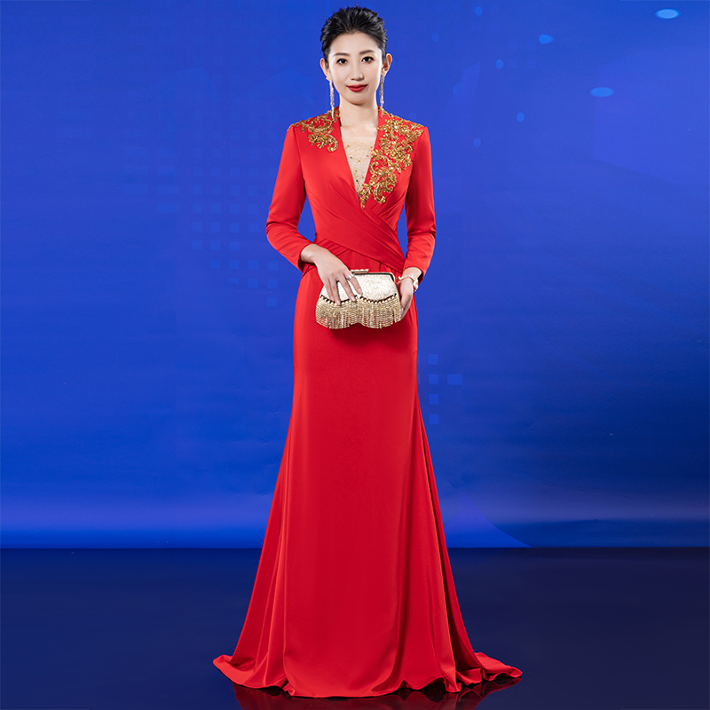红色主持人晚礼服女端庄大气轻奢高端长款参加公司年会宴会礼服