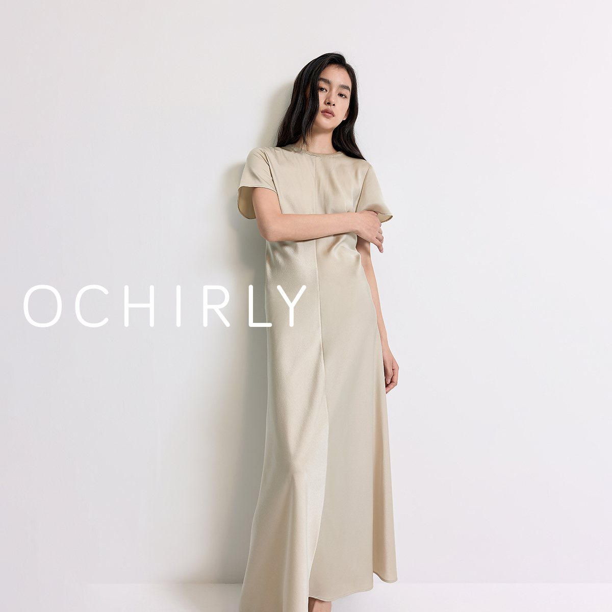 OCHIRLY欧时力哑光雪纺气质连衣裙圆领高级内搭度假裙2025夏新品