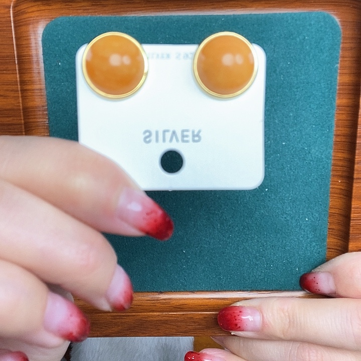 蜜蜡耳饰银S925镶嵌耳钉