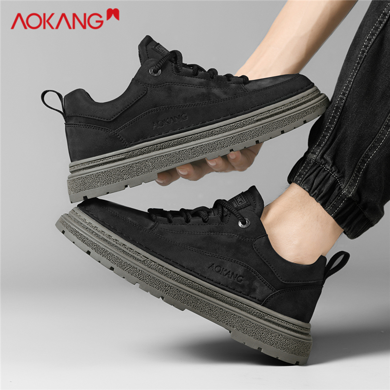 Aokang/奥康官方旗舰店男鞋冬季马丁靴黑色休闲皮面板鞋男工装鞋