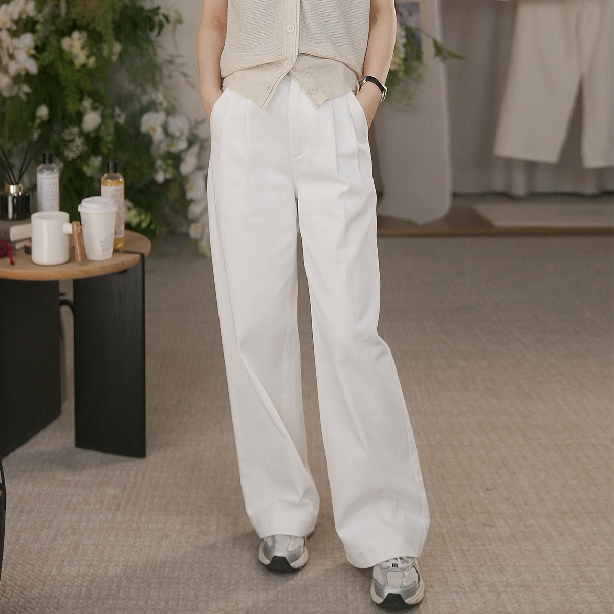 一支探戈丨小个子极简 人字纹打褶休闲直筒阔腿牛仔长裤2520523