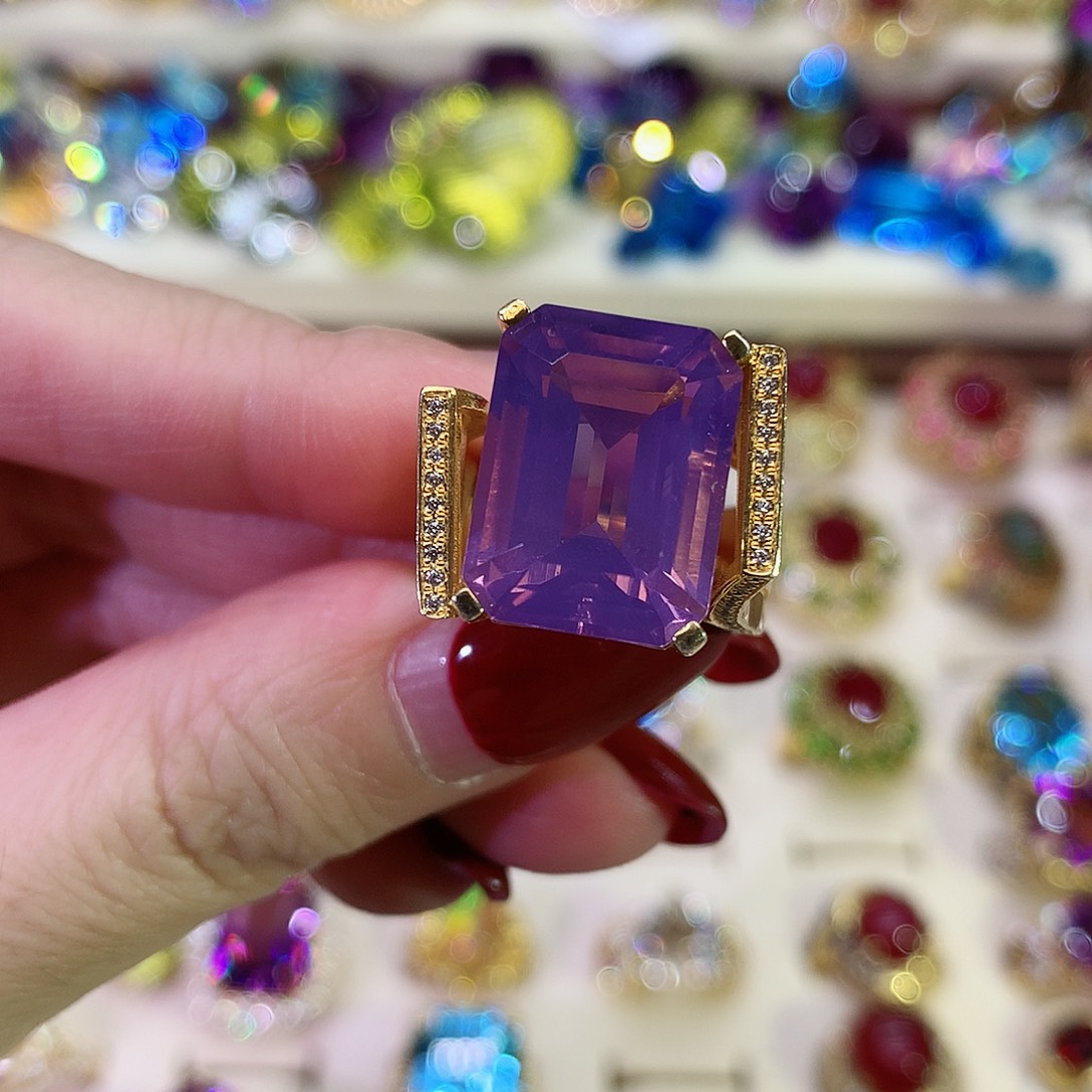 紫晶戒指银S925镀金镶嵌