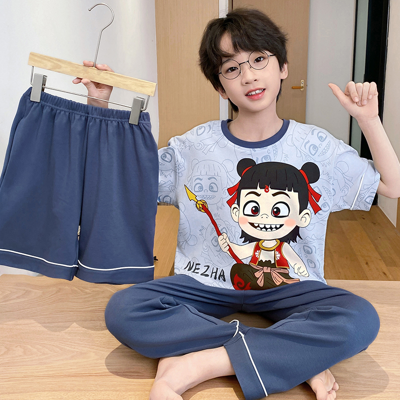 YUZHAOLIN/俞兆林小男孩卡通可外穿夏季三件套中大童纯棉圆领睡衣