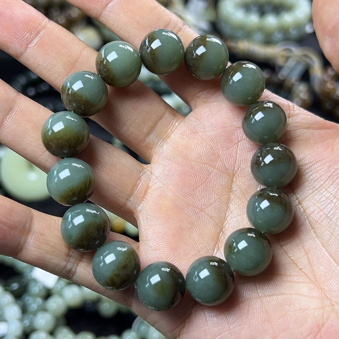 和田玉手链未镶嵌且末蓝聚宝盆卡14圆珠 油润