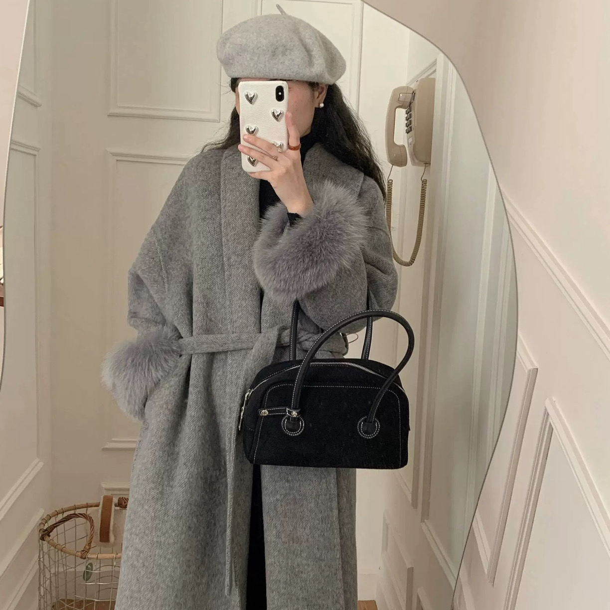 秋冬中长款双面大衣女法式韩版小个子收腰袖口毛呢外套