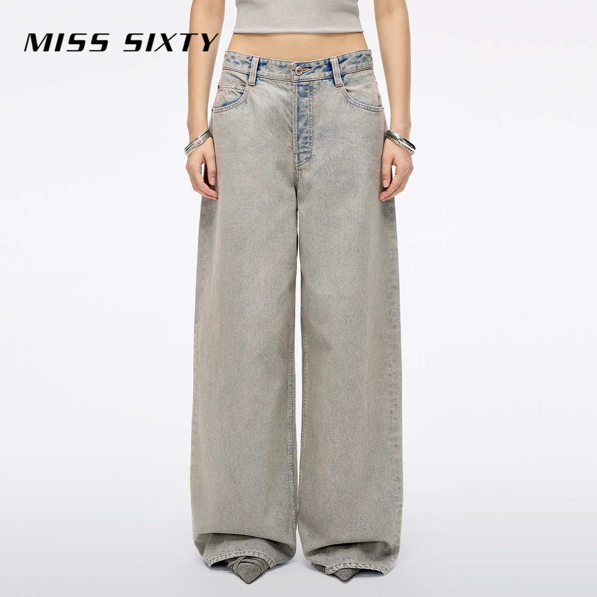 Miss Sixty2025秋季新款牛仔裤女复古水洗低腰纽扣门襟宽松箱型裤